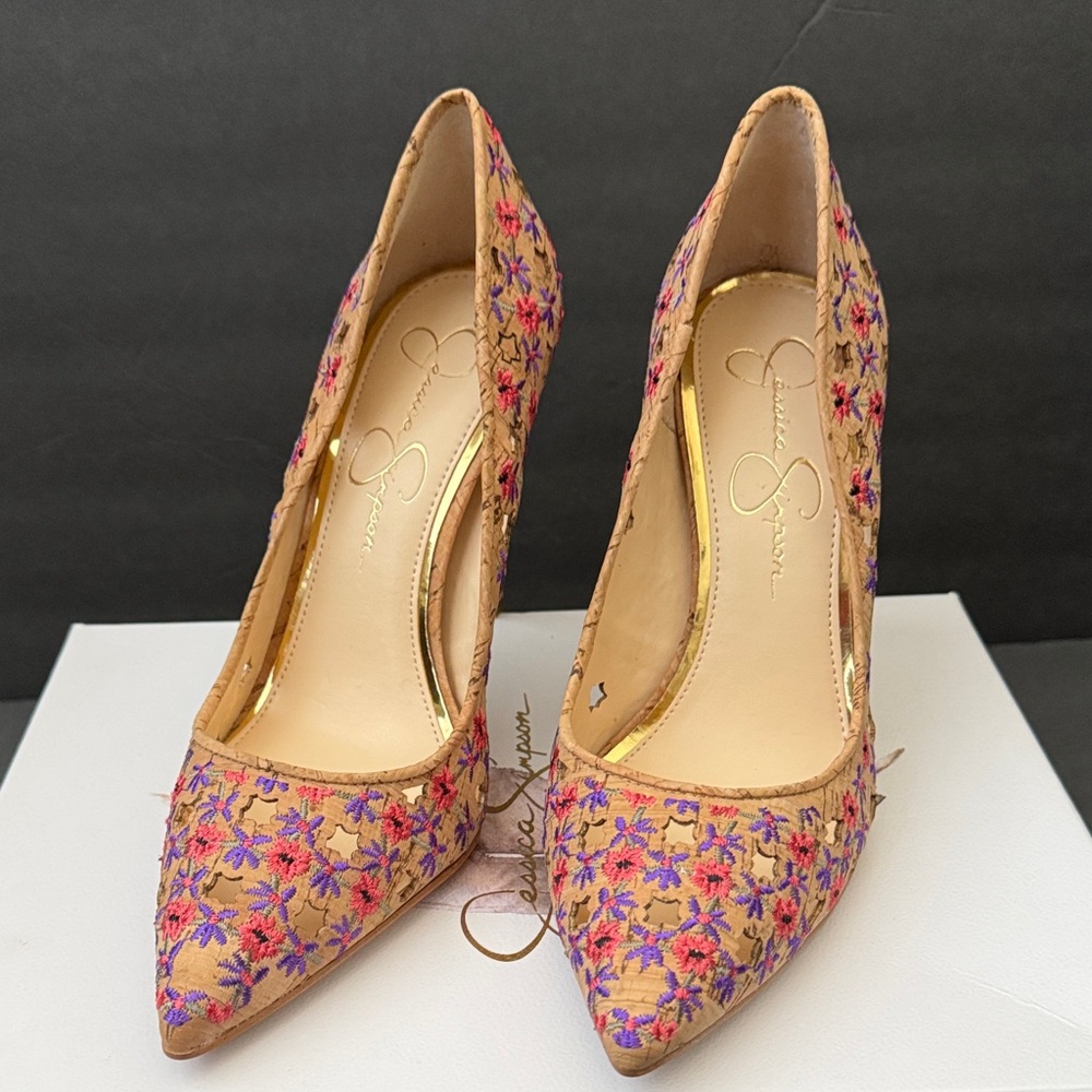 Jessica Simpson Tan and Purple Embroidered Heels